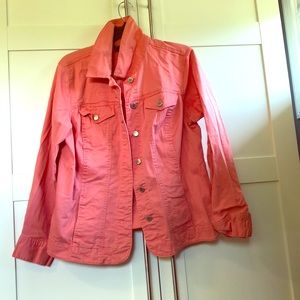 Coral denim jacket with spandex.